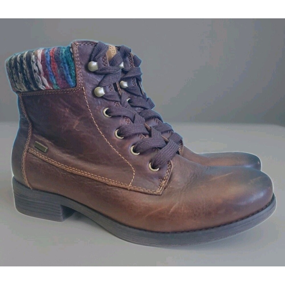 Comfortiva Booties Sz 9.5 WBrown Leather Lace-up Ankle Pillowtop  Knit Colorful